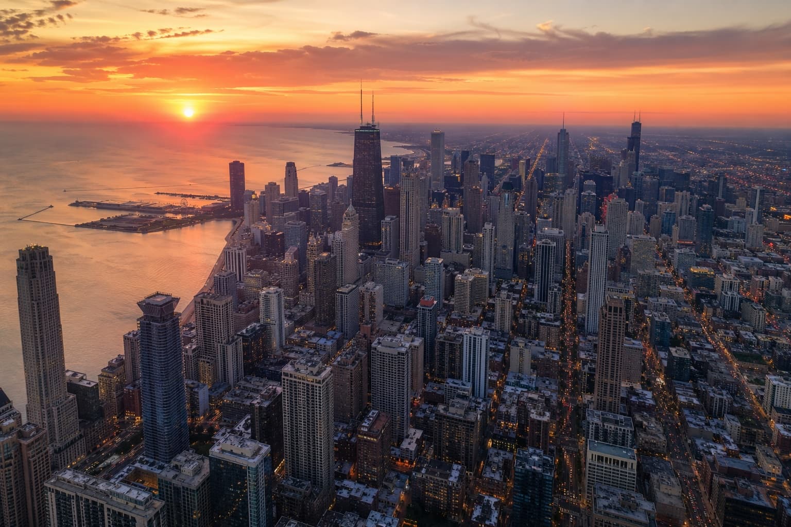 Chicago skyline at sunset over Lake Michigan with the John Hancock Center and Willis Tower