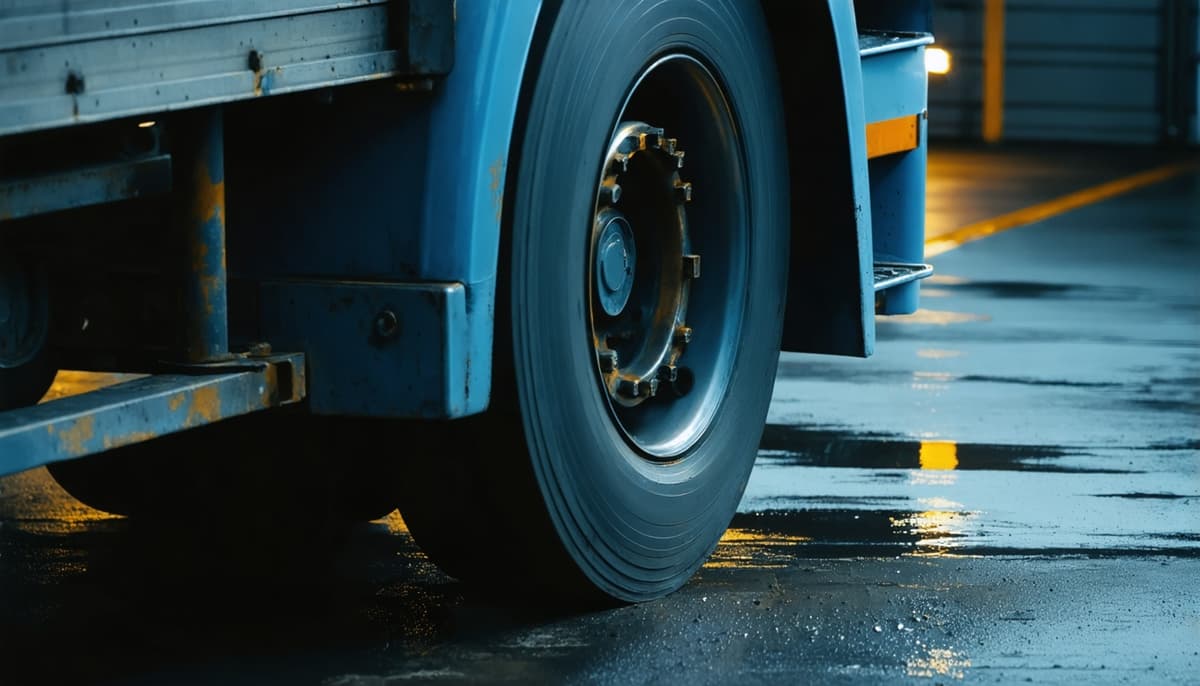 Commercial semi-truck brake system showing worn components
