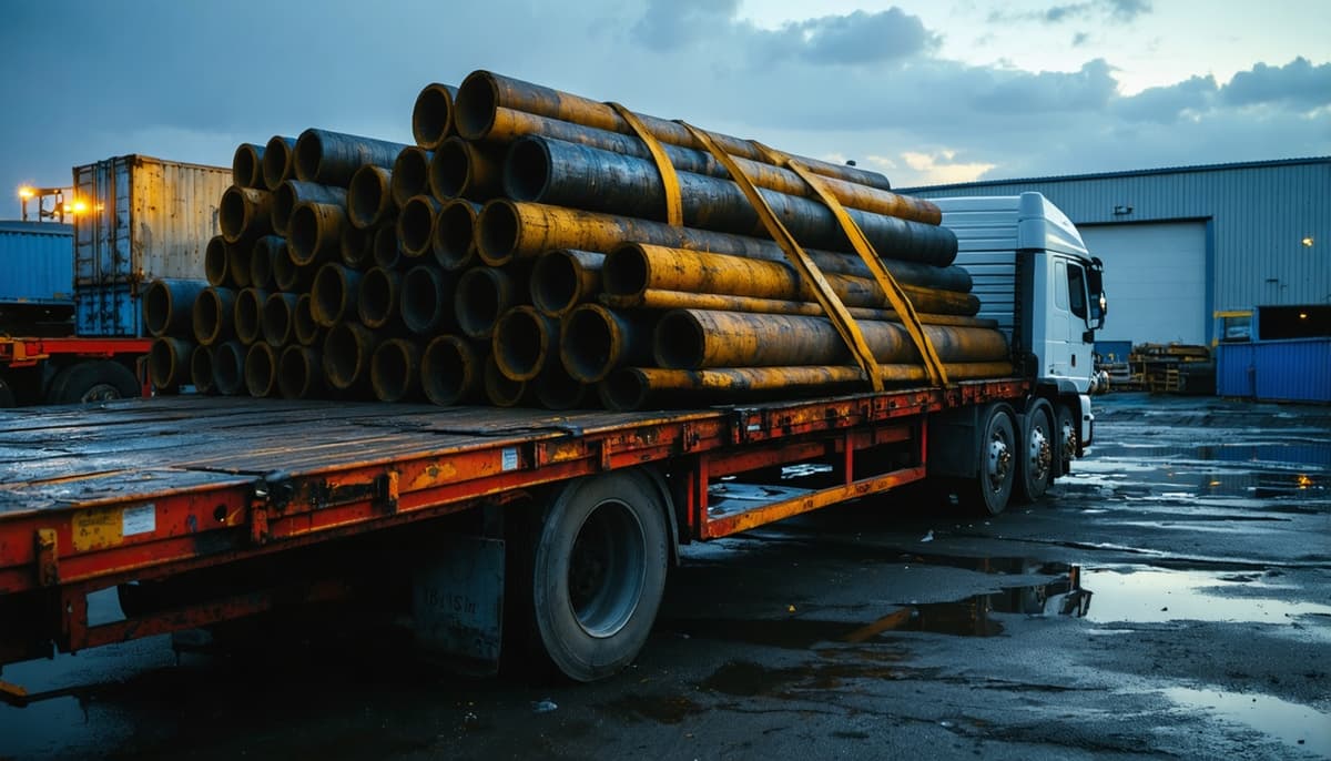 Flatbed semi-truck with shifted industrial cargo and broken tie-downs