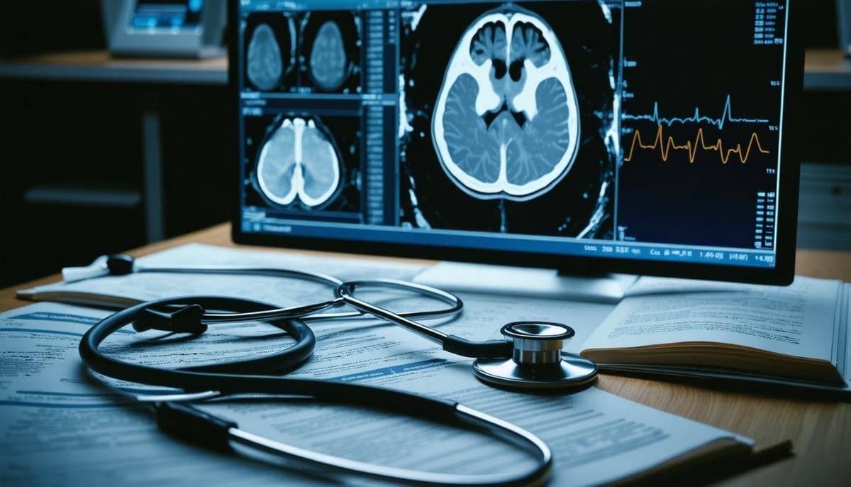 Brain CT imaging displayed on a clinical monitor