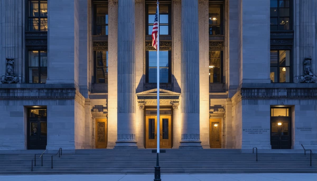 Chicago downtown courthouse facade at dawn