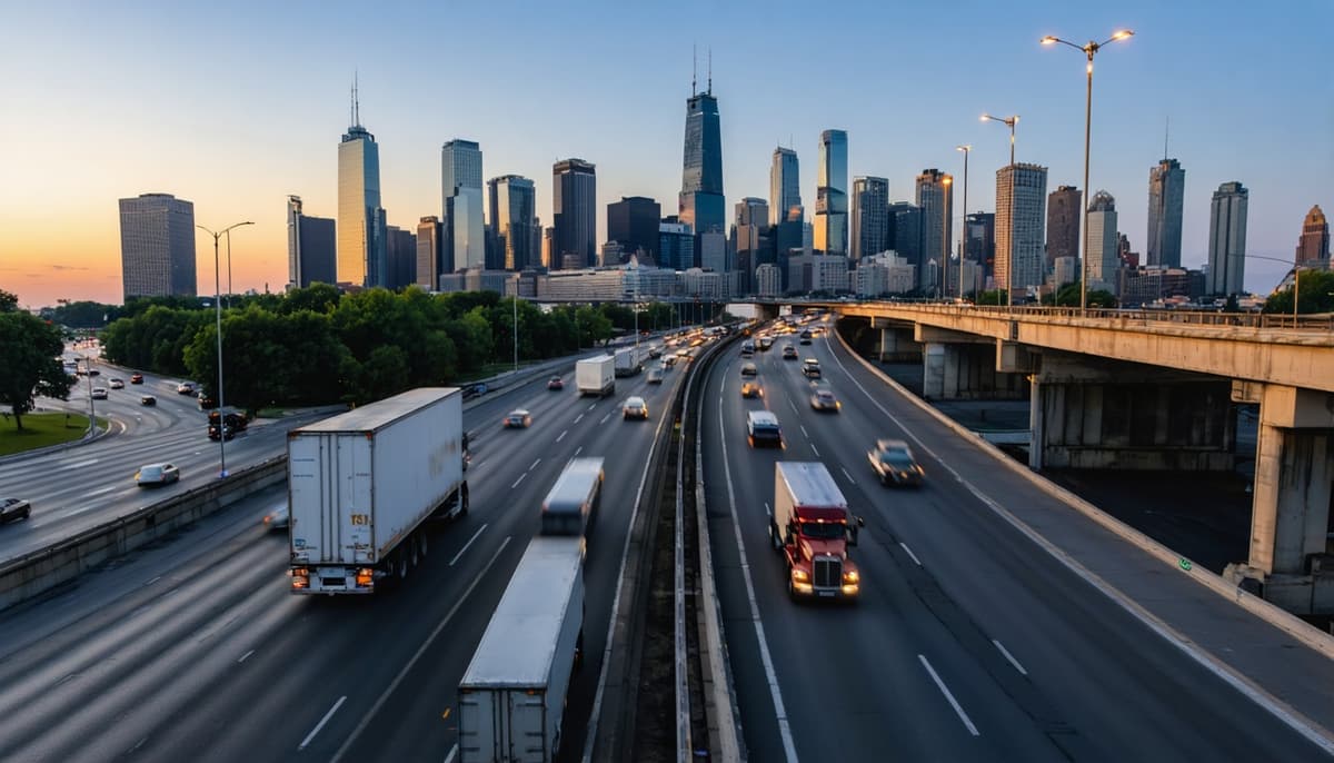 Dan Ryan Expressway (I-90/94) with commercial truck traffic and the Chicago skyline
